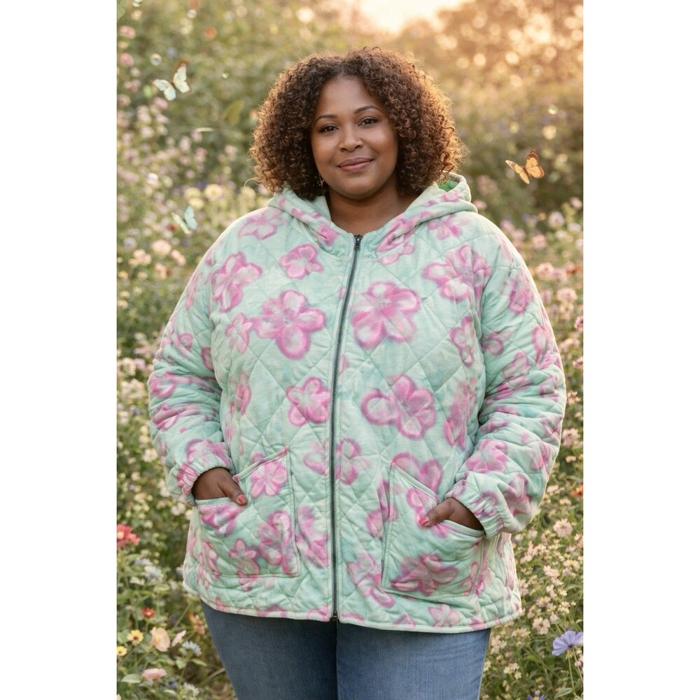 Women’s Mint Green Pink‎ Floral Quilted Hooded Jacket Candycore Whimsical XXL - Picture 2 of 9